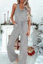 Gray Ribbed Knit Buttons Drawstring Sleeveless Jumpsuit - £34.23 GBP