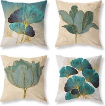 Turquoise Gold Teal Throw Pillow Covers 18X18 Set of 4 Green Plant Leaf Floral P - £30.34 GBP
