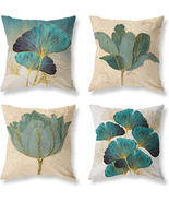 Turquoise Gold Teal Throw Pillow Covers 18X18 Set of 4 Green Plant Leaf ... - £29.52 GBP