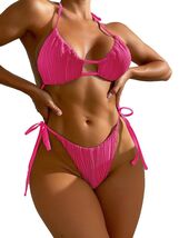 Zonsaoja Women's 2-Piece Ribbed Bikini Set Rose Cheeky Halter Top Size L - $96.25 MXN Zonsaoja Women's 2-Piece Ribbed Bikini Set Rose Cheeky Halter Top Size L - $96.25 MXN