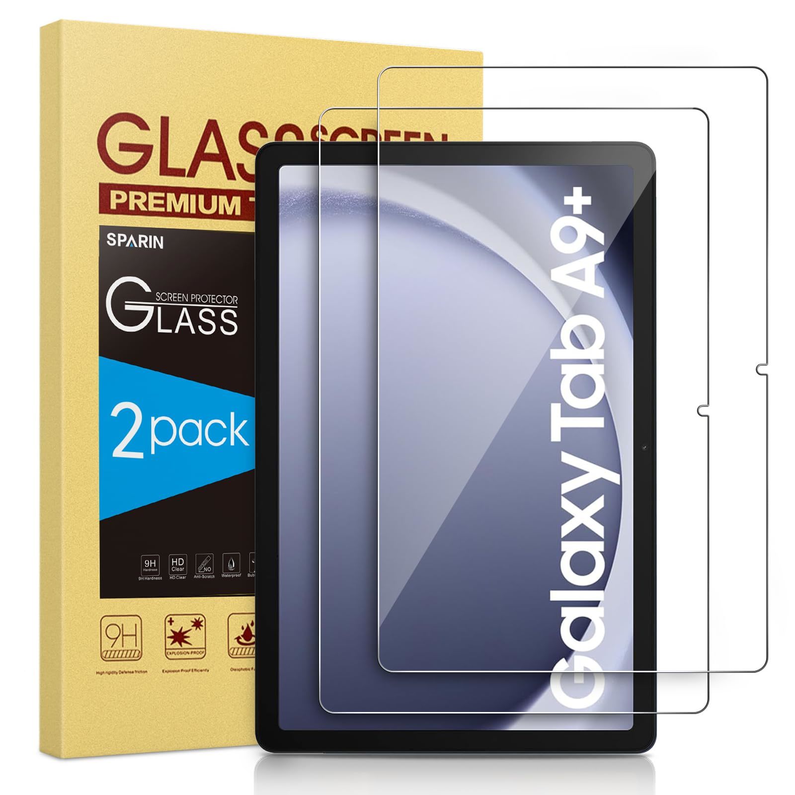 SPARIN 2 Pack Screen Protector for Samsung Galaxy Tab A9 Plus 11 Inch 2023, Cas