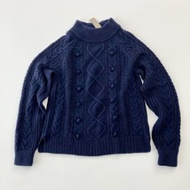 J. Crew Women Cable Knit Pom Pom Sweater Navy Blue Lamb Wool XS - £22.73 GBP
