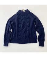 J. Crew Women Cable Knit Pom Pom Sweater Navy Blue Lamb Wool XS - $40.05 CAD
