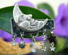 Crescent Moon Face Brooch Pin Dangles Stars Silver Forest Vermont - $19.95