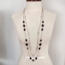 Silver Tone &amp; Black Two-Strand Long Station Necklace - £12.78 GBP
