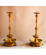 Candelabros de bronce antiguos. Portavelas de madera. Candiles. Candeleros. - $7,013.53 MXN