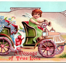 1910 Valentines Cupid Driving Car Hearts Flowers Message True Love Postcard - £19.94 GBP