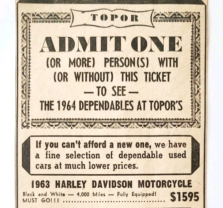 1963 Topor&#39;s Dodge Dealership Chicopee Advertisement Harley Davidson Mas... - $19.99