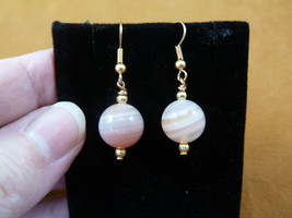 (EE396-31) round 12mm white orange Agate gemstone bead gold tone dangle earrings - £12.69 GBP