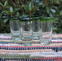 Green Rim Tequila Shot Glasses - Set of 4 (2 oz each) Hand Blown Made in... - $18.49