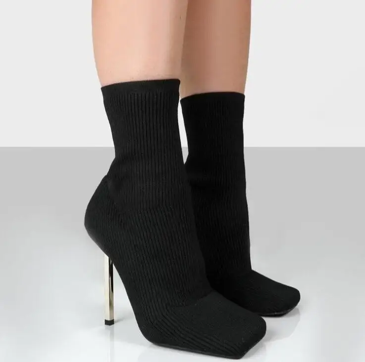 The new square toe sexy stiletto knit socks boots women&#39;s stretch high heel mid- - £25.35 GBP