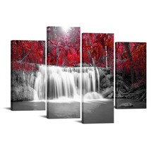 Nachic Wall:Waterfall Pictures Wall Art Black and White Red Tree Forest Canvas - £23.65 GBP