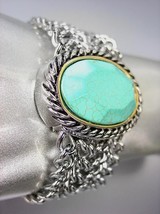 CHUNKY Turquoise Stone Silver Cable Medallion Mesh Chain Magnetic Bracelet - $29.99