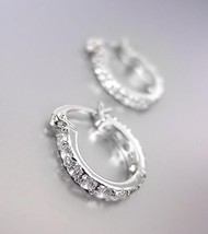CLASSIC 18kt White Gold Plated CZ Crystals THIN Petite 3/8&quot; Hoop Earrings 6655 - £14.26 GBP