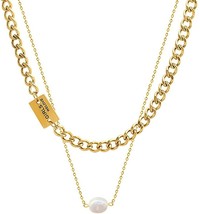 18K Gold Handmade Layered Chain Choker Necklace with Freshwater White Pearl 16&#39;&#39; - £11.65 GBP