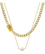 18K Gold Handmade Layered Chain Choker Necklace with Freshwater White Pe... - £11.41 GBP