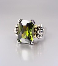 Designer Style Emerald-cut Dark Olive Green CZ Crystal GLACIER Caviar Ring - £18.60 GBP