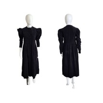 Vintage Laura Ashley Corduroy Black Puff Sleeve Midi Victorian Dress US 10 - £101.99 GBP
