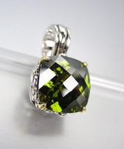 Designer Style Silver Gold Balinese Filigree Olive Green CZ Crystal Pendant - $26.99