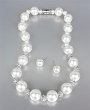 ELEGANT White Pearls Pave CZ Crystals Balls Necklace Earrings Set Bridal - £14.30 GBP