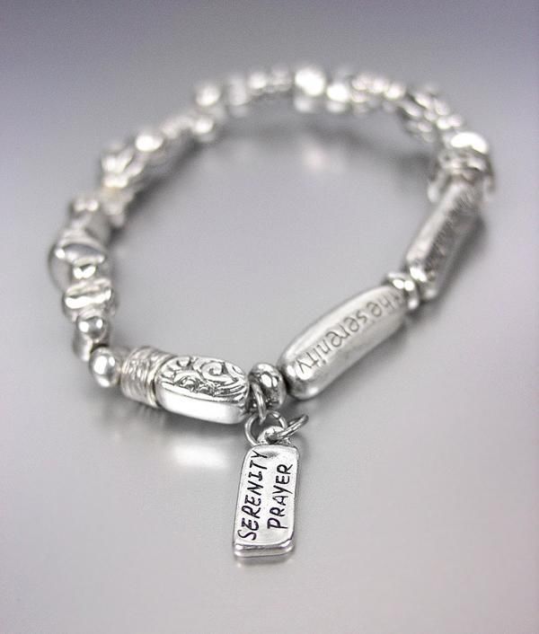 INSPIRATIONAL Antique Silver Beads Petite SERENITY PRAYER Charm Stretch Bracelet