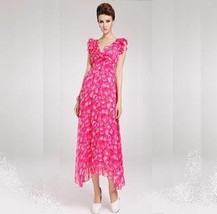 Frilled Pink Floral Bohemian Empire Waist Long Chiffon Dress 