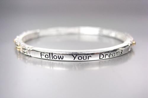 INSPIRATIONAL Thin Silver Filigree Gold Dots FOLLOW YOUR DREAMS Stretch Bracelet