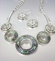 NATURAL Mother of Pearl Shell Antique Silver Kali Dots Metal Rings Necklace Set - $18.99