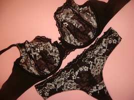 NWT Victoria&#39;s Secret unlined 34D BRA SET S thong BLACK white embroidered DESIRE - £62.56 GBP