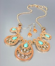 NEW Coral Beads Turquoise Crystals CZ Gold Filigree Necklace Earrings Set - £13.79 GBP