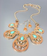NEW Coral Beads Turquoise Crystals CZ Gold Filigree Necklace Earrings Set - £13.36 GBP