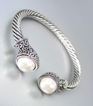NEW Designer Inspired Silver Cable Pearl Balinese Filigree End Tips Bracelet - £21.45 GBP