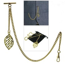 Albert Chain Gold Color Pocket Watch Chain Leaf Design Fob T Bar Swivel Clasp  - $17.99