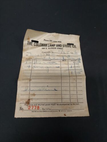 Primary image for 1936 The Coleman Lamp and Stove Company Invoice Sales Slip Billhead Sunshine