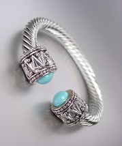NEW Designer Style Chunky Silver Cable Blue Bead Antique Filigree Cuff B... - $16.99