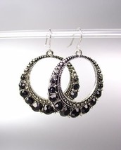 SPARKLE Antique Silver Metal Black CZ Crystals Round Dangle Earrings - $9.49
