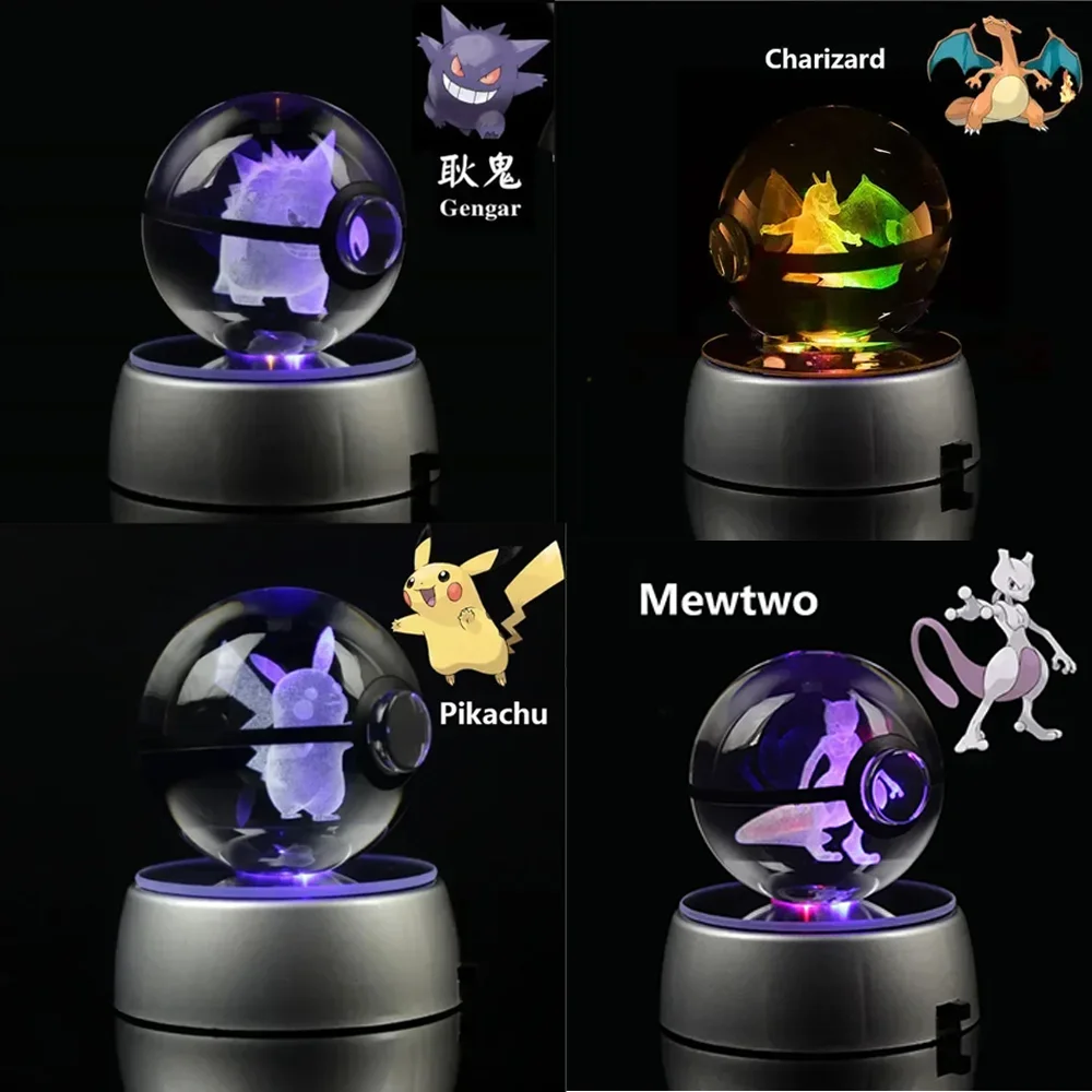 Pokemon Gengar 3D Crystal Ball Pikachu Figure Pokeball Eevee Mew Charizard Model - £19.19 GBP+