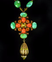 Bohemian Cross necklace &amp; earrings Turquoise rhinestone gothic cross  - $185.00