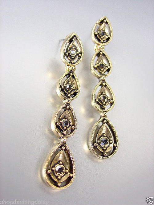VICTORIAN Antique 18kt Gold Plated Marcasite Crystals Chandelier Dangle Earrings - £20.38 GBP