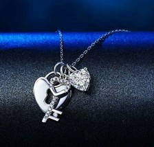 1.50Ct Lab Created Diamond Love Heart Lock Key 925 Silver Pendant Women Necklace - £35.18 GBP