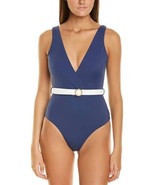 Onia Michelle M One-Piece Swimsuit Navy Blue White Belted V-Neck Medium ... - £59.03 GBP