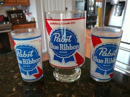 Pabst Blue Ribbon Footed Glass &amp; 2 Glasses Red White Blue Clear Collectable - £24.53 GBP