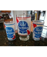 Pabst Blue Ribbon Footed Glass &amp; 2 Glasses Red White Blue Clear Collectable - £24.22 GBP