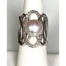 925 Sterling Silver Natural Topaz And Faux Pearl Ring Size 7.25 Sky - £41.36 GBP