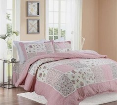 3pc Pink &amp; White Floral Twin Size Cotton Quilt &amp; Pillowcases Bedspread Set - £136.19 GBP