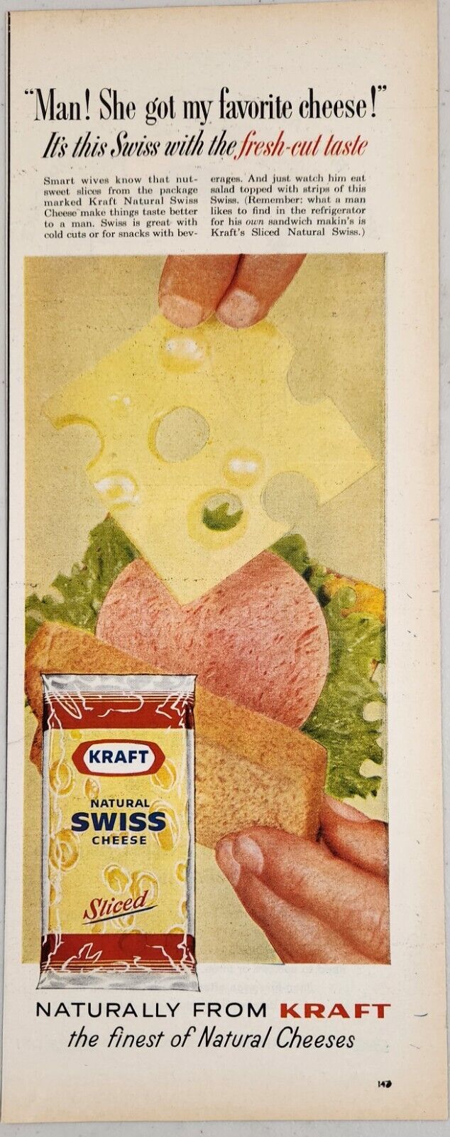 1959 Print Ad Kraft Natural Sliced Swiss Cheese Great on a Sandwich - $15.28