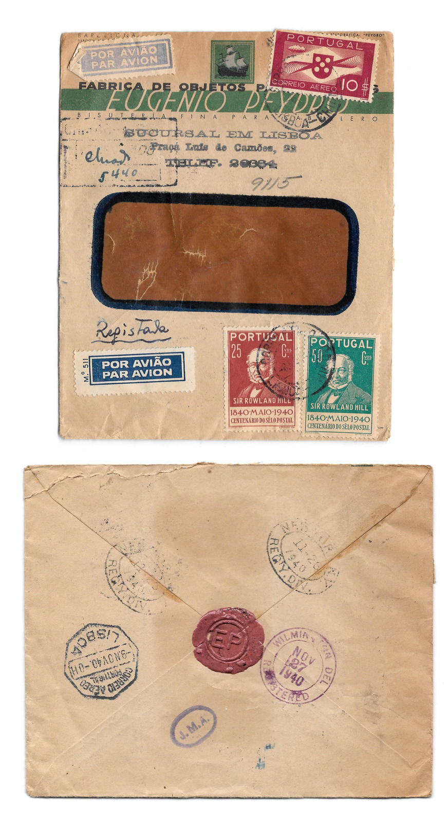 1940 Portugal Registered Multifranked Airmail Cover Lisboa to USA Backstamps - $19.95