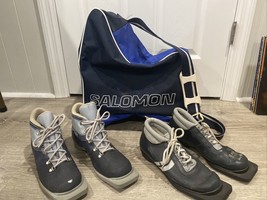 Vintage Salomon Club SKI BOOT BAG 80s &amp; 2 Pairs of Ski Boots 75mm - £27.90 GBP