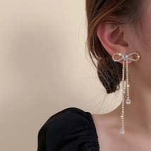 Fashion Jewelry Silver Needle Long Bow Tie Full-jeweled Stud Earrings For Women - £3.25 GBP