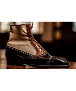 NEW Handmade Mens Tan Brown Black Fabric Leather boot, Men&#39;s lace up Ank... - $2,912.85 MXN